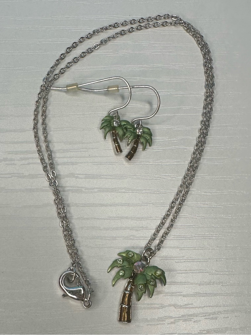 Avon Green Palm Tree Silver Necklace and Earring Set